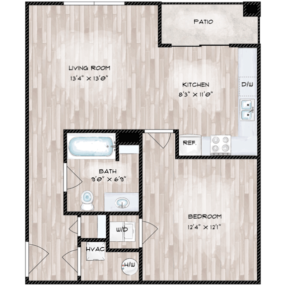 A floor plan of a house with a living room, kitchen, bathroom, and bedroom.