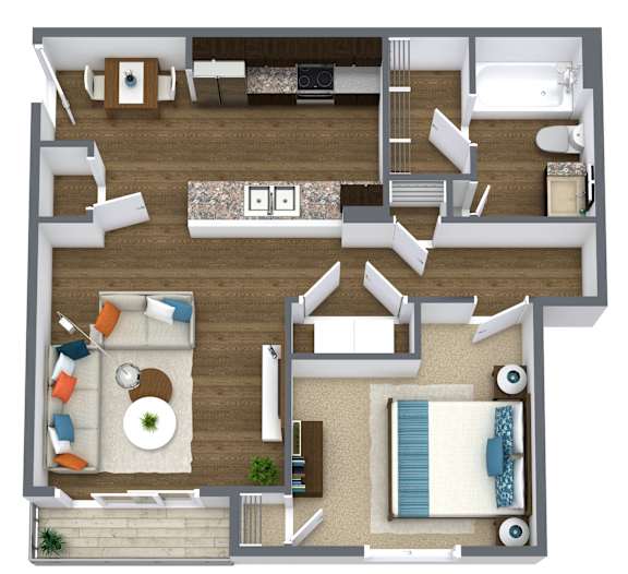 A top-down view of a living room, kitchen, and bedroom in a house.