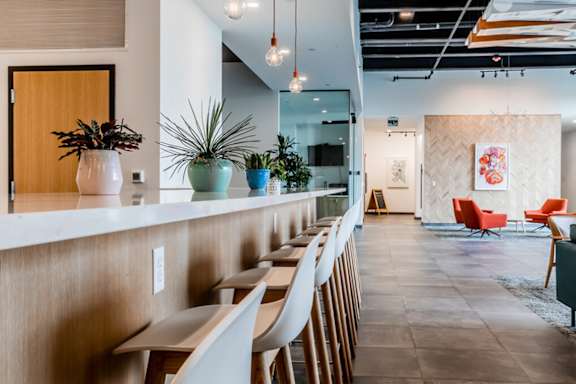 A long wooden table with chairs and potted plants on a counter.