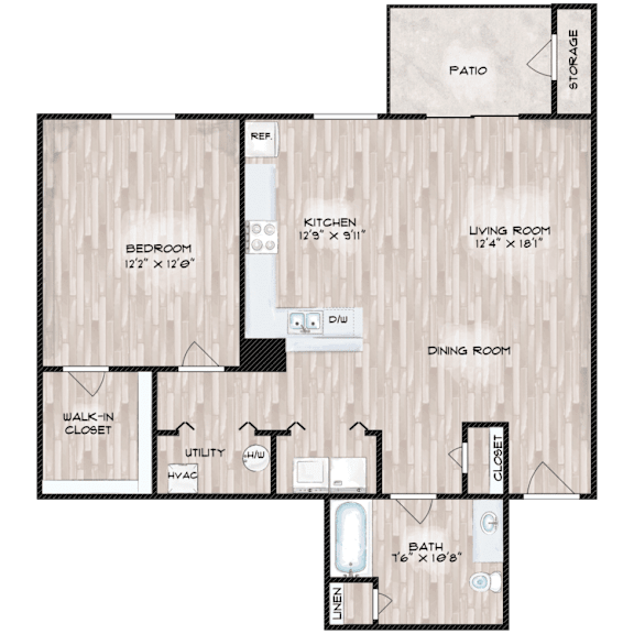 A floor plan of a house with a bedroom, kitchen, living room, dining room, bathroom, and a walk-in closet.