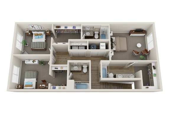 A top-down view of a small apartment with a bedroom, living room, kitchen, and bathroom.