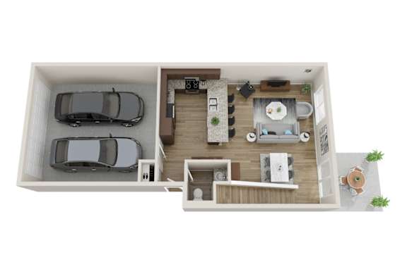 A top-down view of a small apartment with a kitchen, living room, and two bedrooms.