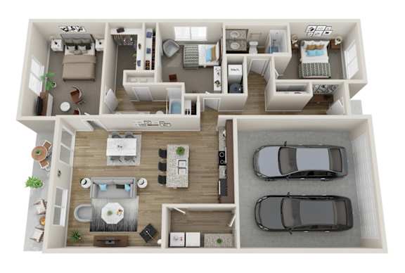 A top-down view of a two-story apartment with a living room, kitchen, dining area, and bedrooms.