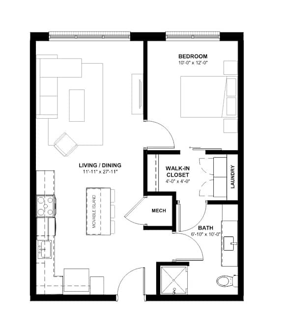 A black and white image of a floor plan for a small apartment.