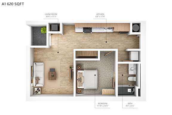 A 16x14 living room, 6x174 kitchen, 11x105 bedroom, and 8x55 bathroom make up apartment A1620.