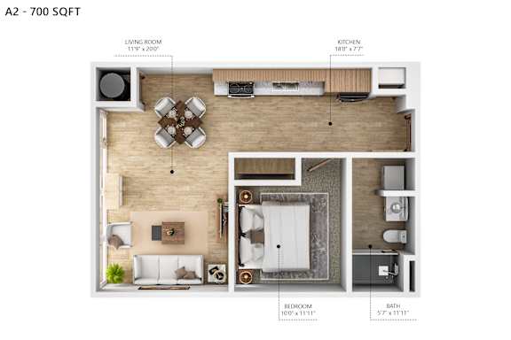 A 700 square foot floor plan for a home with a living room, kitchen, bedroom, and bathroom.