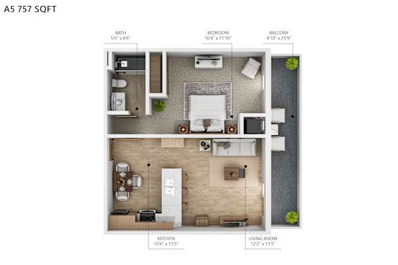 A 575 square foot floor plan of an apartment with a living room, kitchen, bedroom, and bathroom.