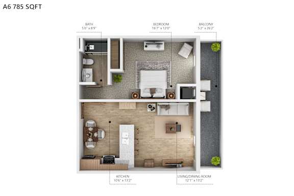 A 6785 sqft floor plan of an apartment with a bath, bedroom, balcony, kitchen, and living/dining room.