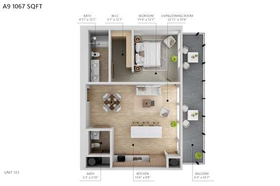 A 1067 sqft apartment with a balcony, bathroom, living/dining room, and kitchen.