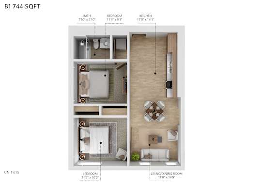 A diagram of a 1 bedroom apartment with a living room and a bathroom.
