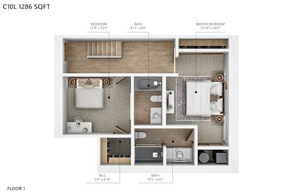 A floor plan of a one bedroom apartment with a master bedroom.