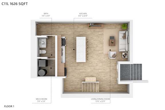A floor plan of a one bedroom apartment with a living room, kitchen, and bathroom.
