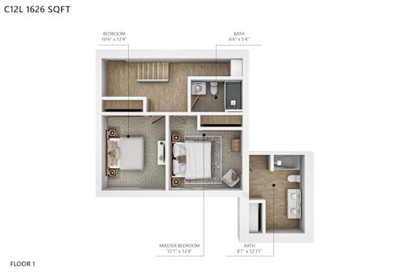 A diagram of a floor plan for a C12L 1626 SQFT apartment.