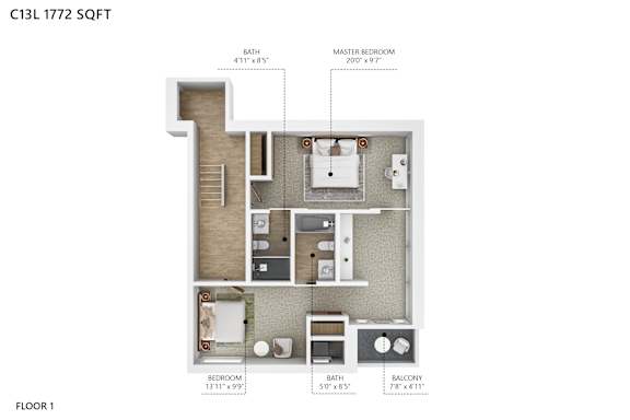A diagram of a floor plan for a one bedroom apartment.