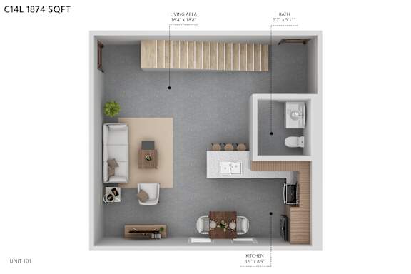 A diagram of a small apartment layout with a living area, kitchen, and bathroom.