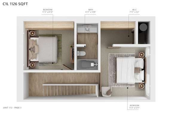 A diagram of a 112 sq ft apartment showing the layout of the bedroom, bathroom, and W.I.C.