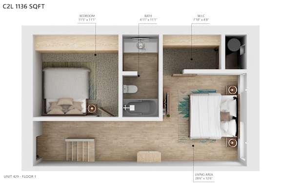 A diagram of a one bedroom apartment layout.