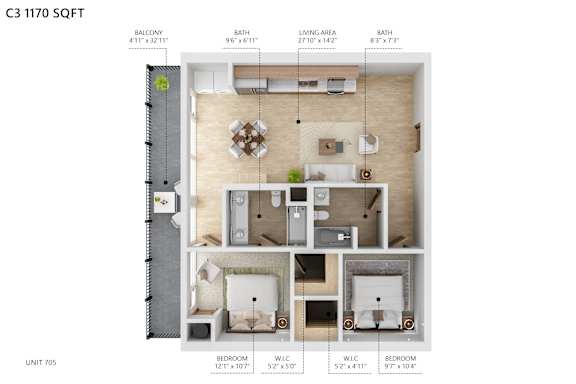 A diagram of a floor plan for an apartment in the C3 1170 SQFT building.