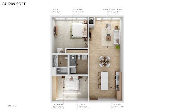 A diagram of a 1209 square foot apartment with a living/dining room, kitchen, and two bedrooms.