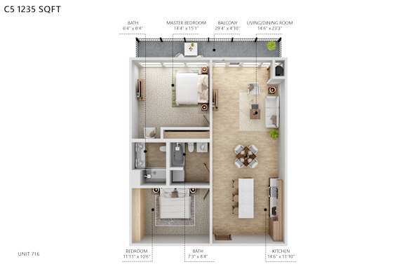 A diagram of a 5x7 room layout with a master bedroom, balcony, living/dining room, and kitchen.