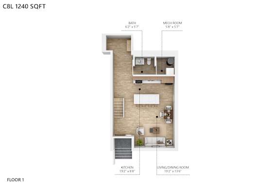 A floor plan of a one bedroom apartment with a kitchen and living room.