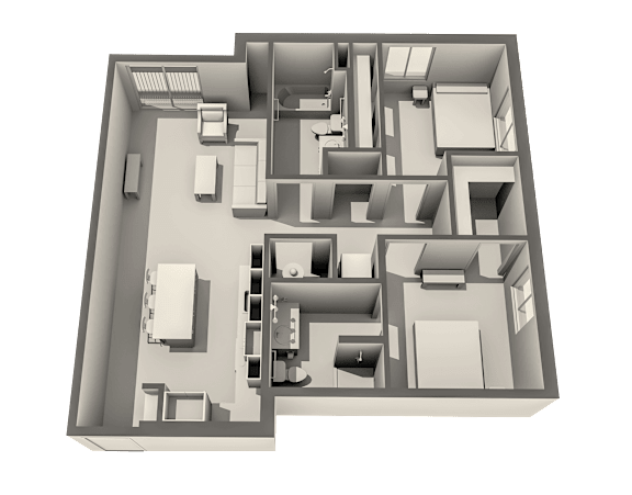A 3D floor plan of a house with multiple rooms and a kitchen area.
