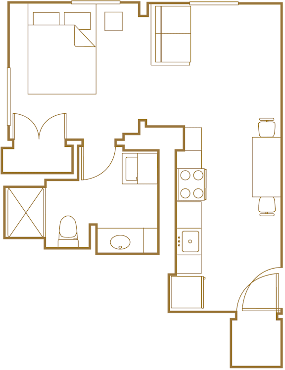 A floor plan of a house with a kitchen, living room, and bathroom.
