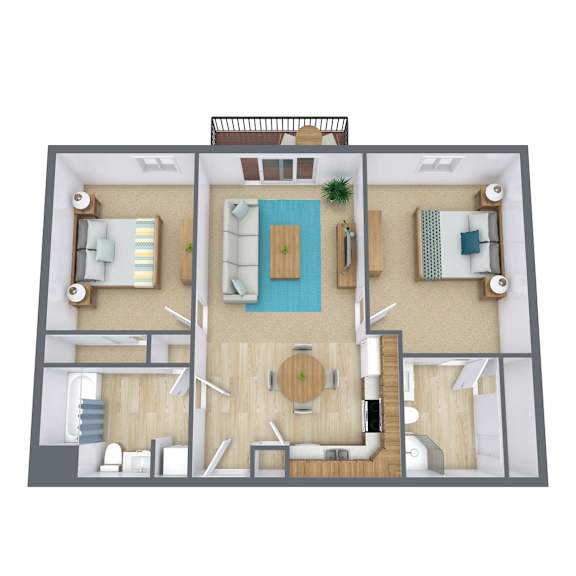 A 3D floor plan of a house with a living room, kitchen, dining room, and bathroom.