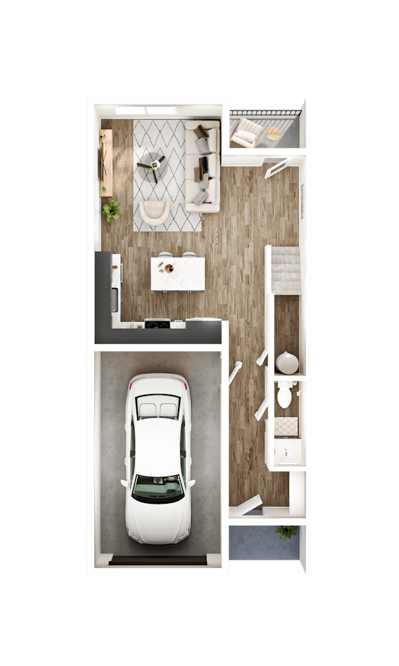 A car is parked in a small room with a toilet and sink.