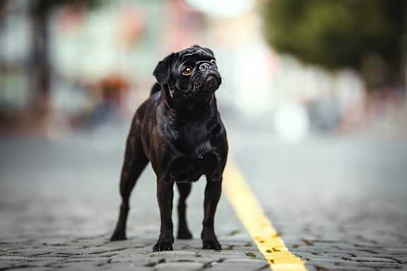 A black dog is standing on a street.