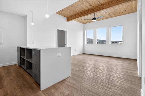 A room with a wooden ceiling and a grey cabinet.