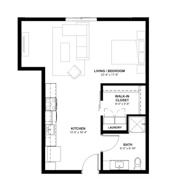 A floor plan of a small apartment with a living room, kitchen, bathroom, and laundry room.