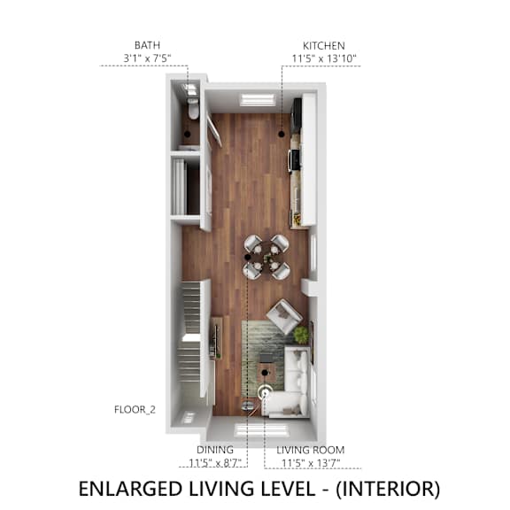 A diagram of an enlarged living level interior showing a bath, kitchen, dining and living room.