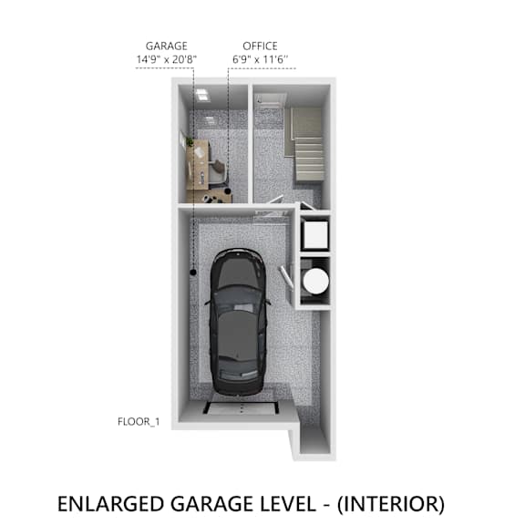 A diagram of an enlarged garage level interior with a car parked in the garage.