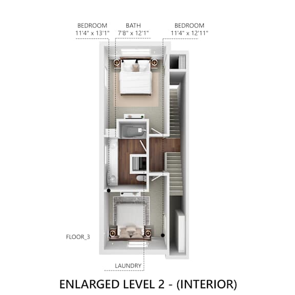 A diagram of an Enlarged Level 2 interior showing three bedrooms, a bath, a laundry area, and a staircase.