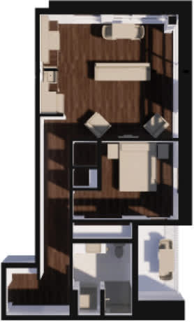A 3D floor plan of a house with a kitchen, living room, and two bedrooms.