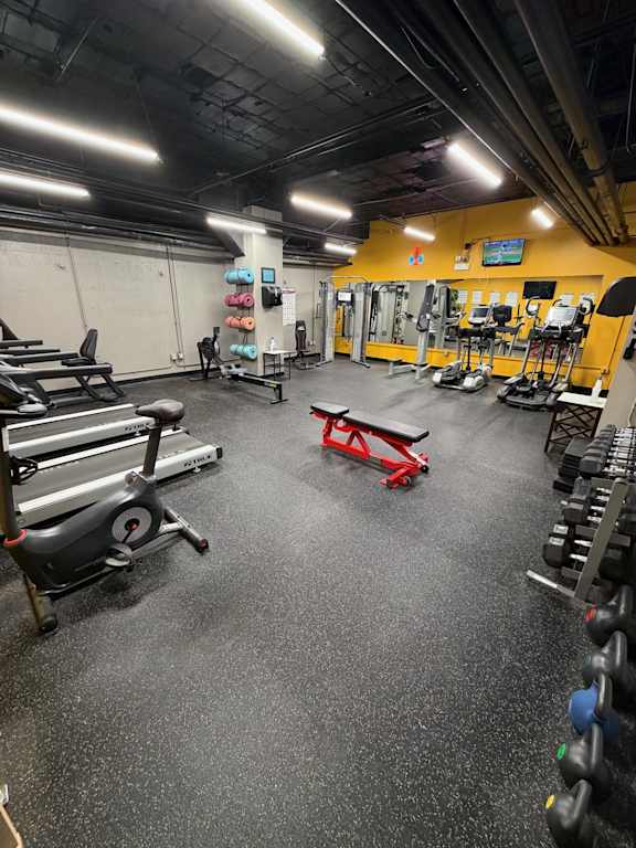 A gym with a variety of equipment including weights and a treadmill.