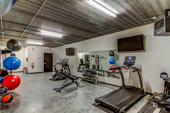 A gym with a treadmill, weights, and exercise balls.