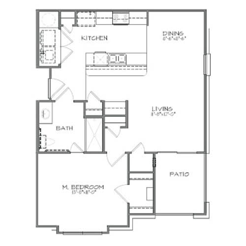 A one bedroom one bathroom floor plan of a house with a kitchen, living room, bathroom, dining room, and a master bedroom.