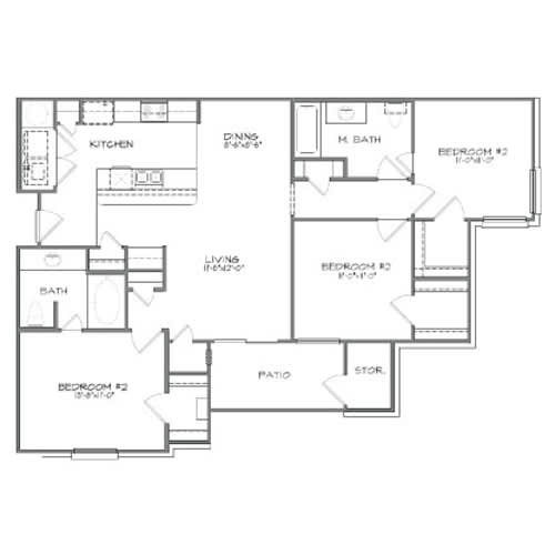 A three bedroom two bathroom floor plan.