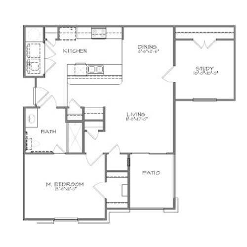 A two bedroom one bathroom floor plan of a house with a kitchen, dining room, living room, study, bathroom, and two bedrooms.