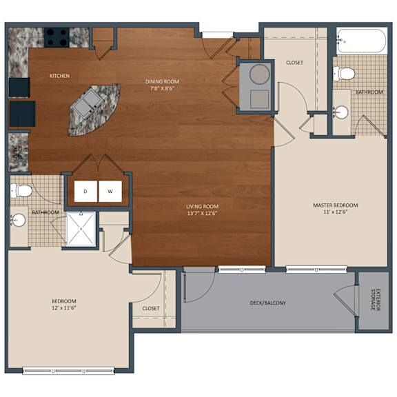 1,077 SF Two-Bed, Two-Bath Floor Plan at Aventine at Wilderness Hills in Lincoln, NE