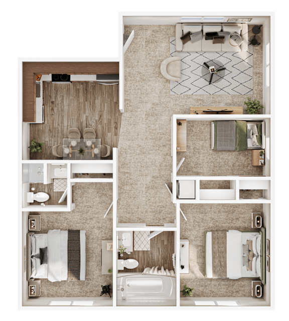 950 SF Three-Bedroom Floor Plan at Country Club Apartments in Sioux City, IA