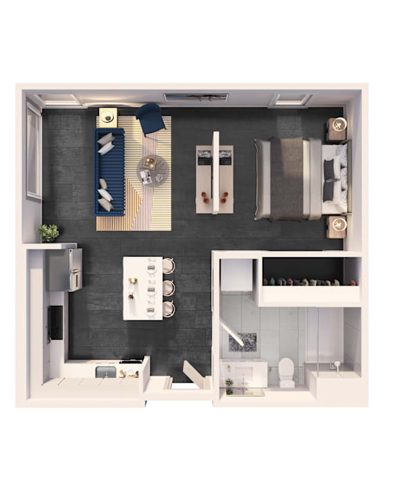 A top-down view of a small, modern apartment with a kitchen, living room, and bathroom.
