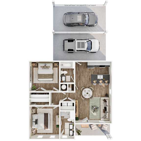 970 SF Two Bed Two Bath Bergamot Floor Plan at Hawthorne Grove in Rogers, AR