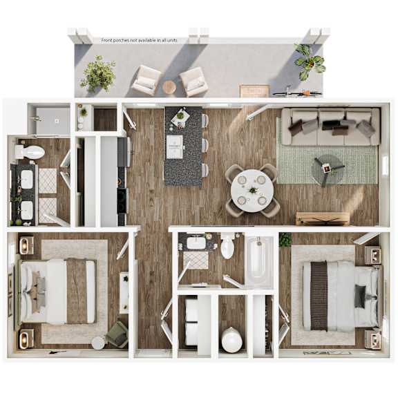 892 SF Two Bed Two Bath Indigo Floor Plan at Hawthorne Grove in Rogers, AR