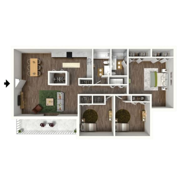 1,333 SF thee bedroom floor plan at the newly renovated Highpoint apartments at Omaha, NE