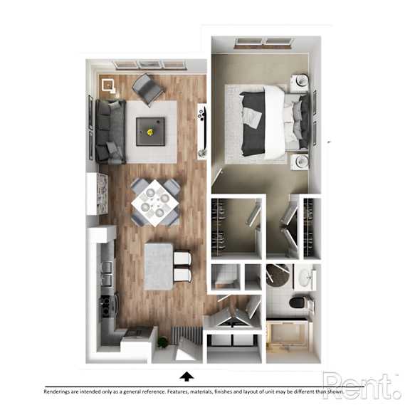 A floor plan of an apartment with a kitchen, living room, and bathroom.
