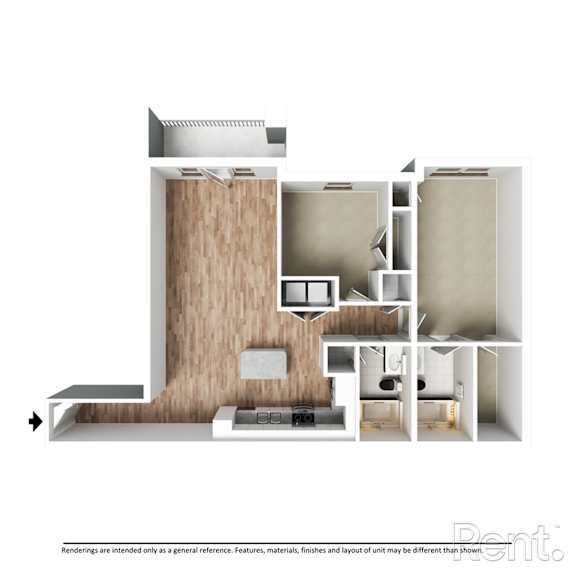 A white and wood floor plan of an apartment.