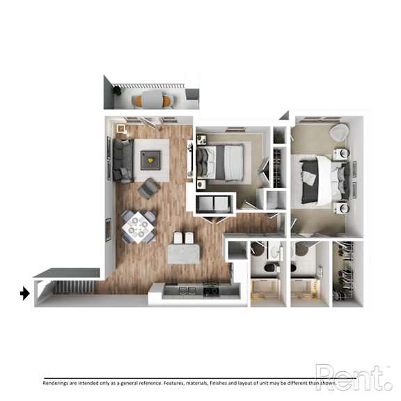 Floor Plan  A floor plan of an apartment with a kitchen, living room, and bedrooms.